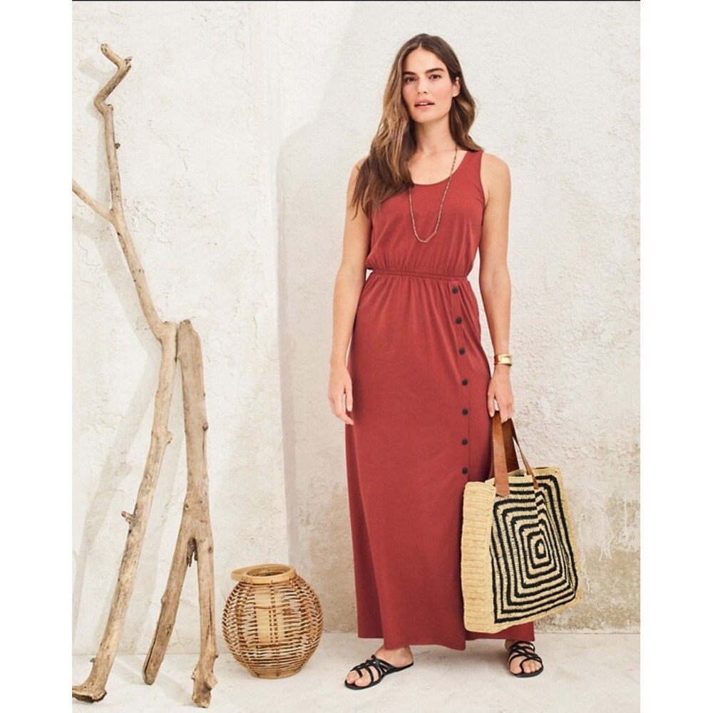 Garnet Hill Side-Button Knit Maxi Dress Organic Cotton Tencel Sleeveless M NWOT